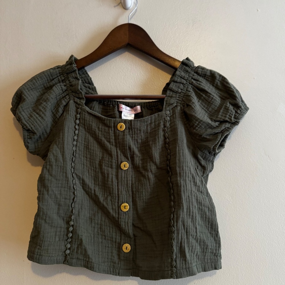 Girls Sz 10 Olive Green Button Front Gauze Top 100% Cotton Fall Basics